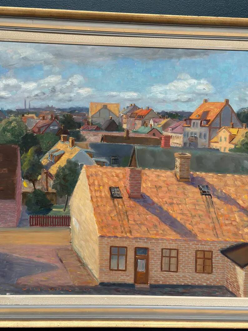 Large Original Swedish Oil on Panel – "Urban Landscape" by Wilhelm Matton – Signed – Dated 1947 – Framed – 83 × 73 cm (32.7 in × 28.7 in)