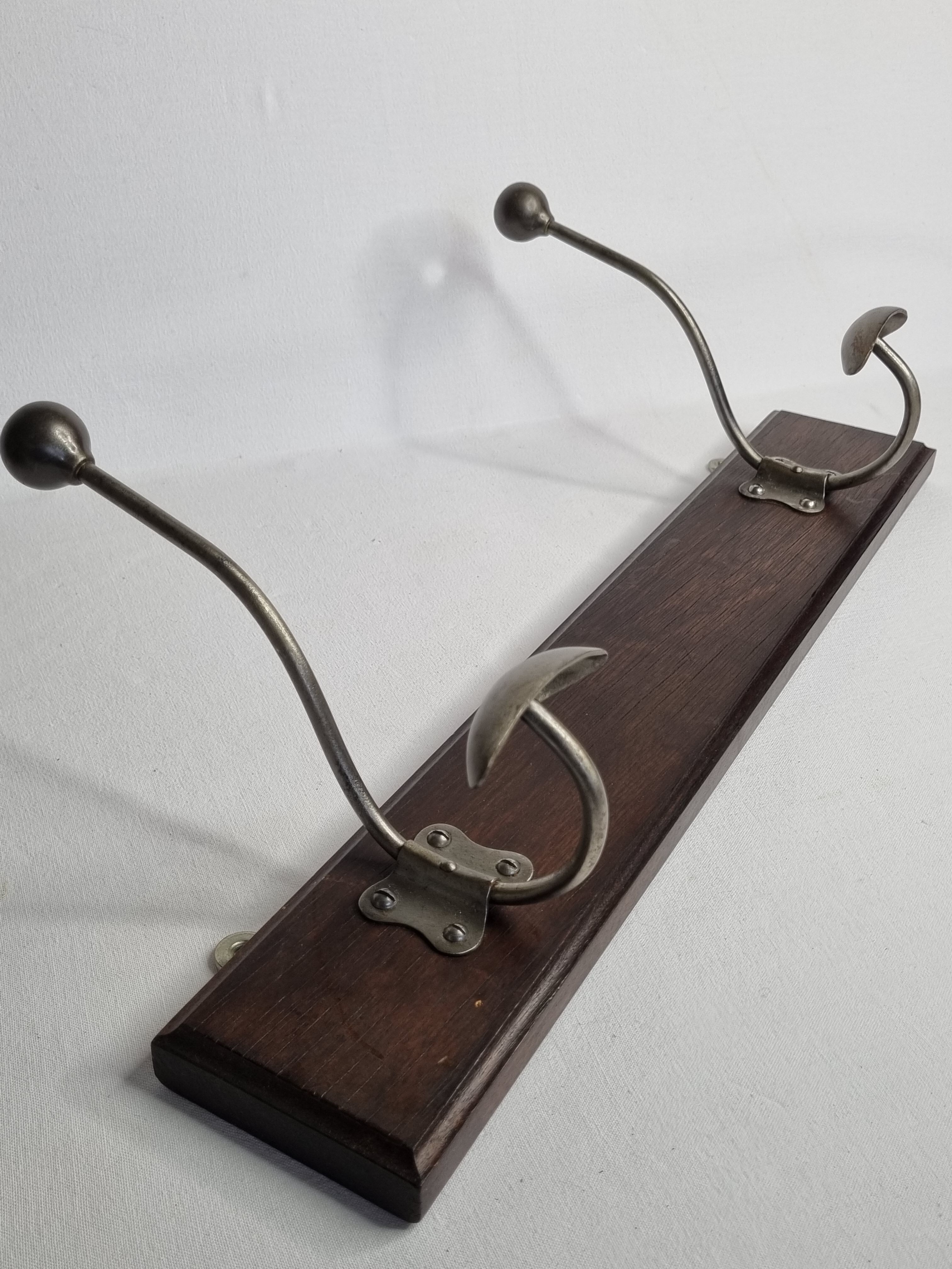 Wall coat rack, two double hooks, steel and wood, 50 cm
