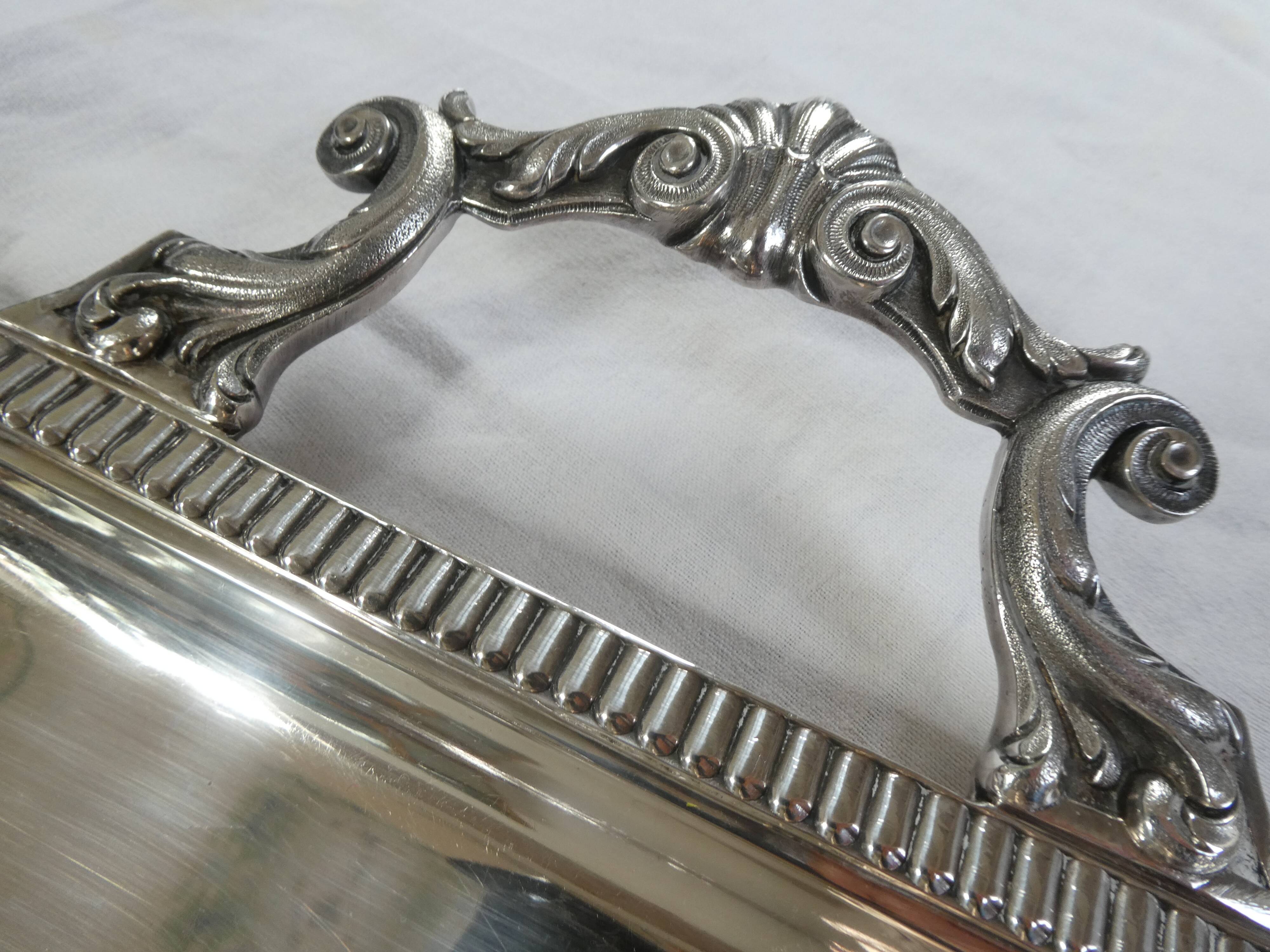 Large rectangular silver metal tray with handles Maison Wiskemann