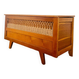 Vintage storage chest in wood and woven rattan