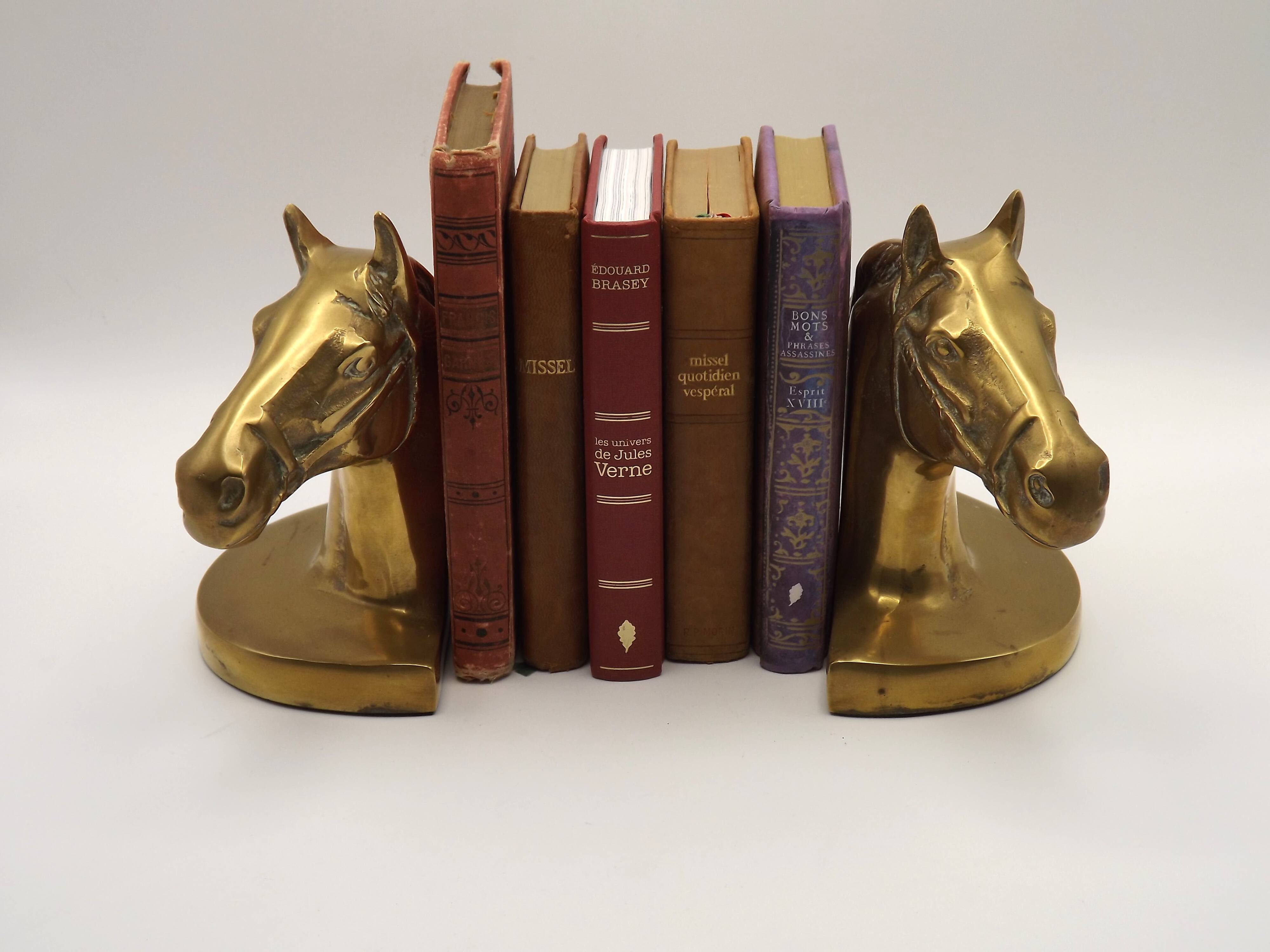 Vintage Brass Horse Head Bookends Pair – French Cast Brass Equestrian Decor