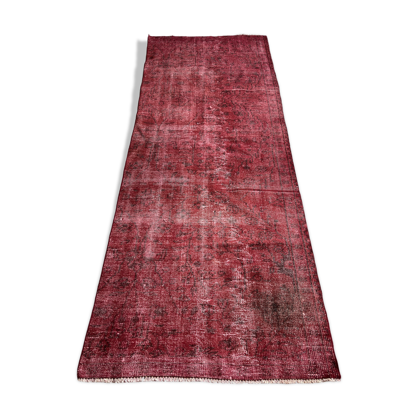 Distressed Turkish Narrow Runner 270 x 100 cm Wool Vintage rug, Over-dyed Red