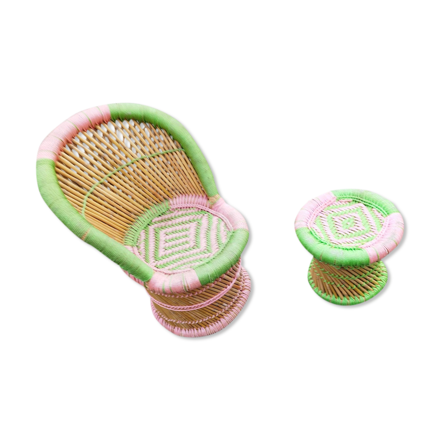 Armchair and stool set in bamboo and braided string