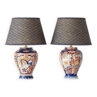 Pair of Delft Imari table lamps by Jaap Heinen with Japanese block-printed shades.