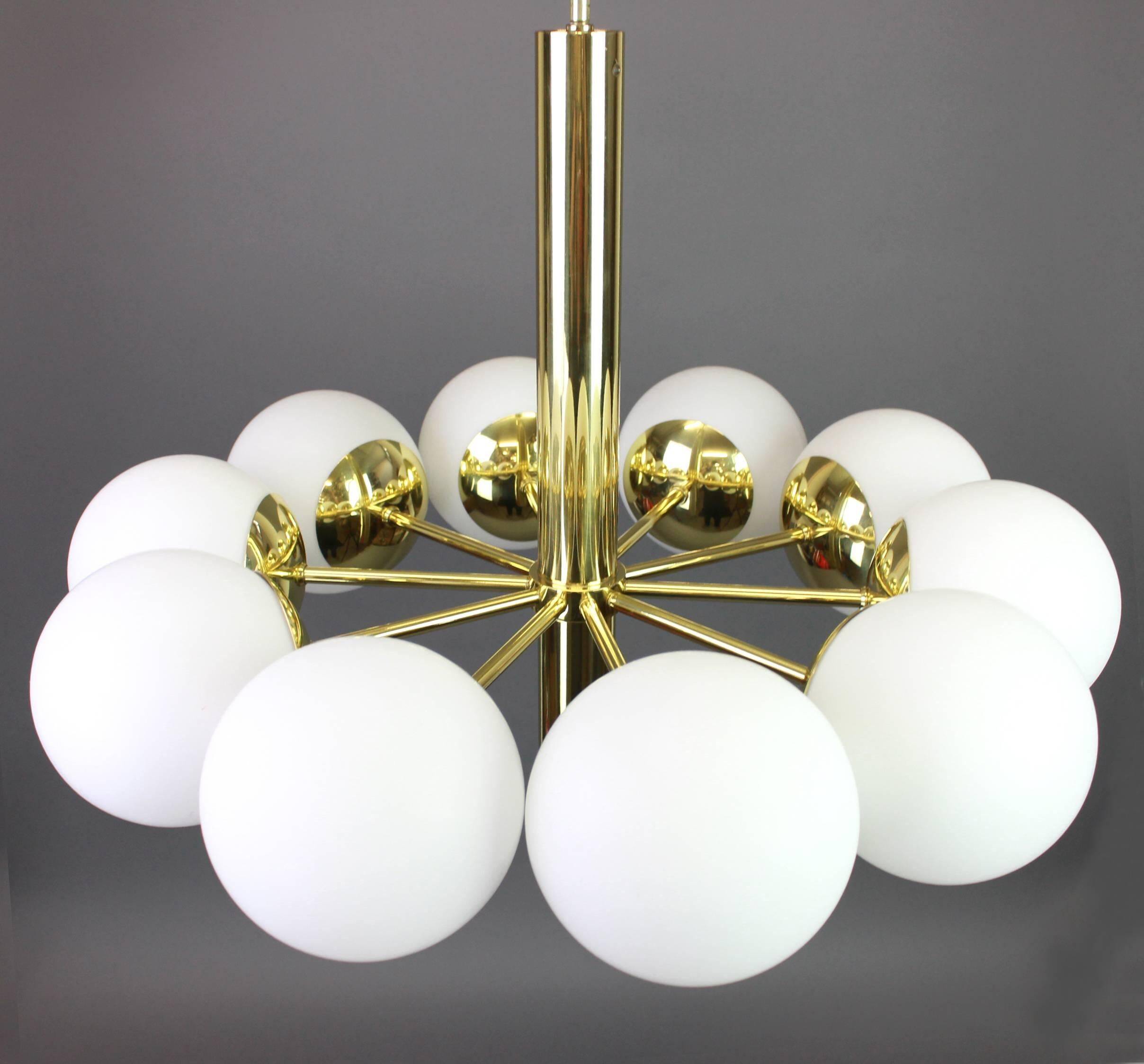 1 of 2 large splendid Kaiser Sputnik chandeliers with opal globes, Germany, 1970s