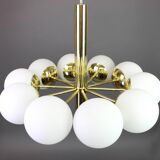 1 of 2 large splendid Kaiser Sputnik chandeliers with opal globes, Germany, 1970s