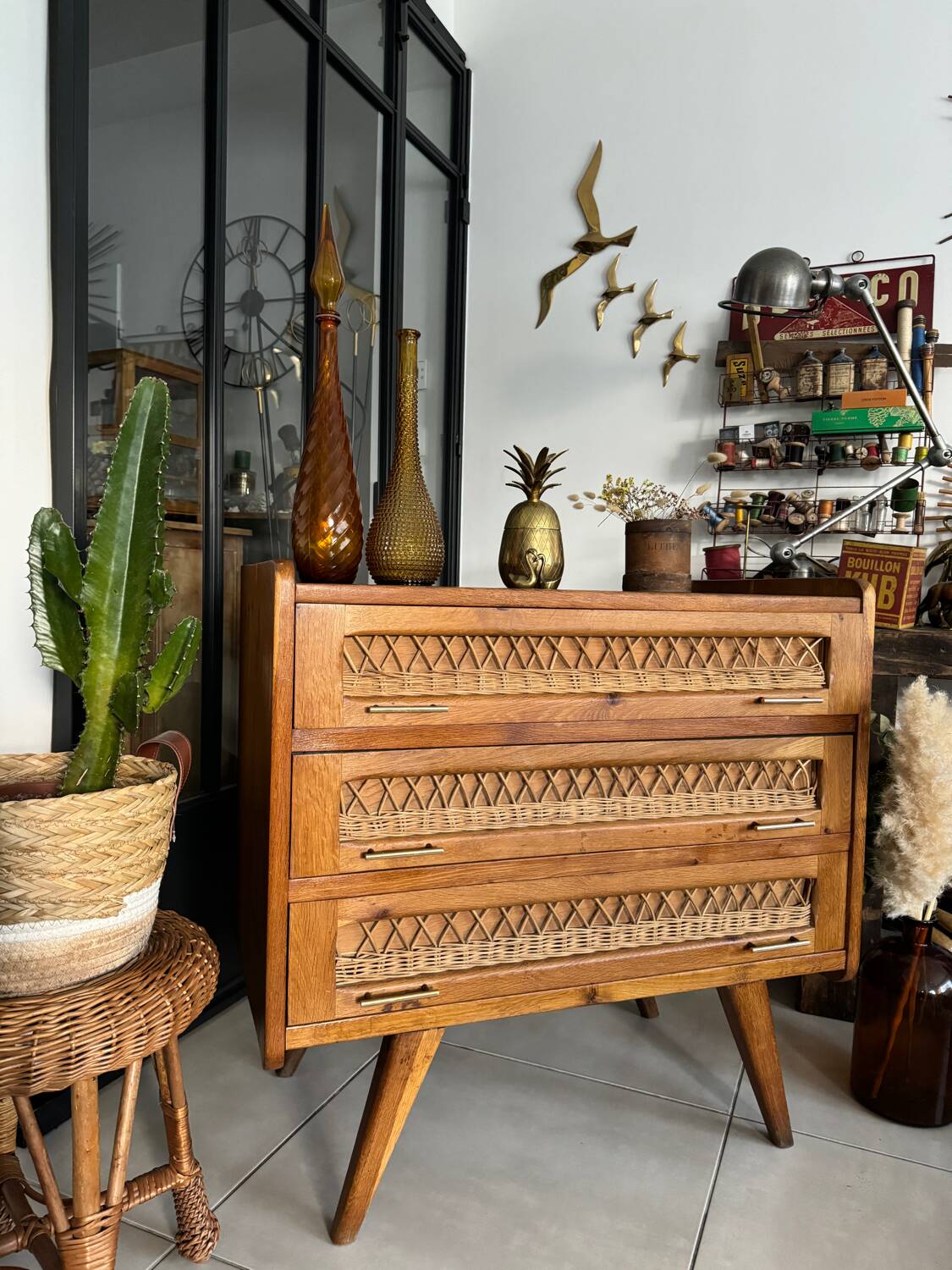 Old vintage wooden and rattan chest of drawers
