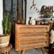 Old vintage wooden and rattan chest of drawers