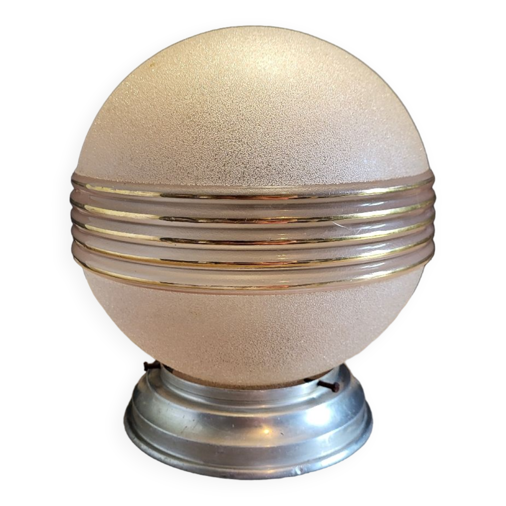 Old opaline pink ball ceiling light vintage frosted glass aluminum support suspension