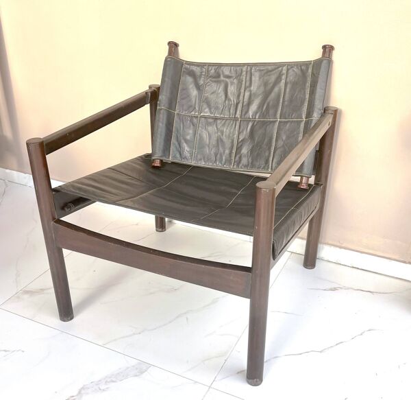 Fauteuil Safari, bois cuir, Bresil 1960's