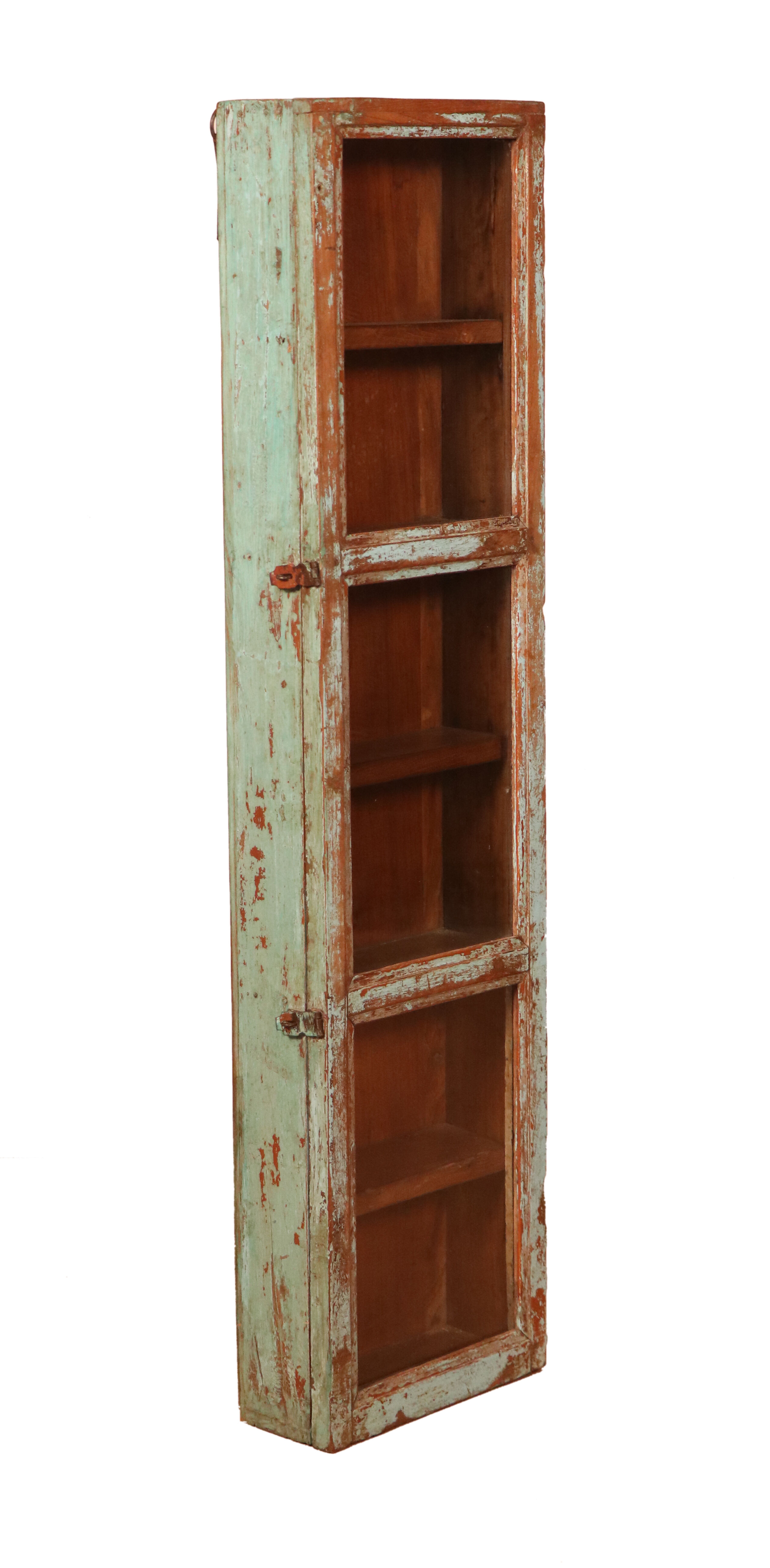 Old original Burmese teak wall display case with green patina