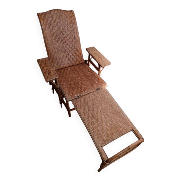 Chaise longue, transat en osier et rotin vintage