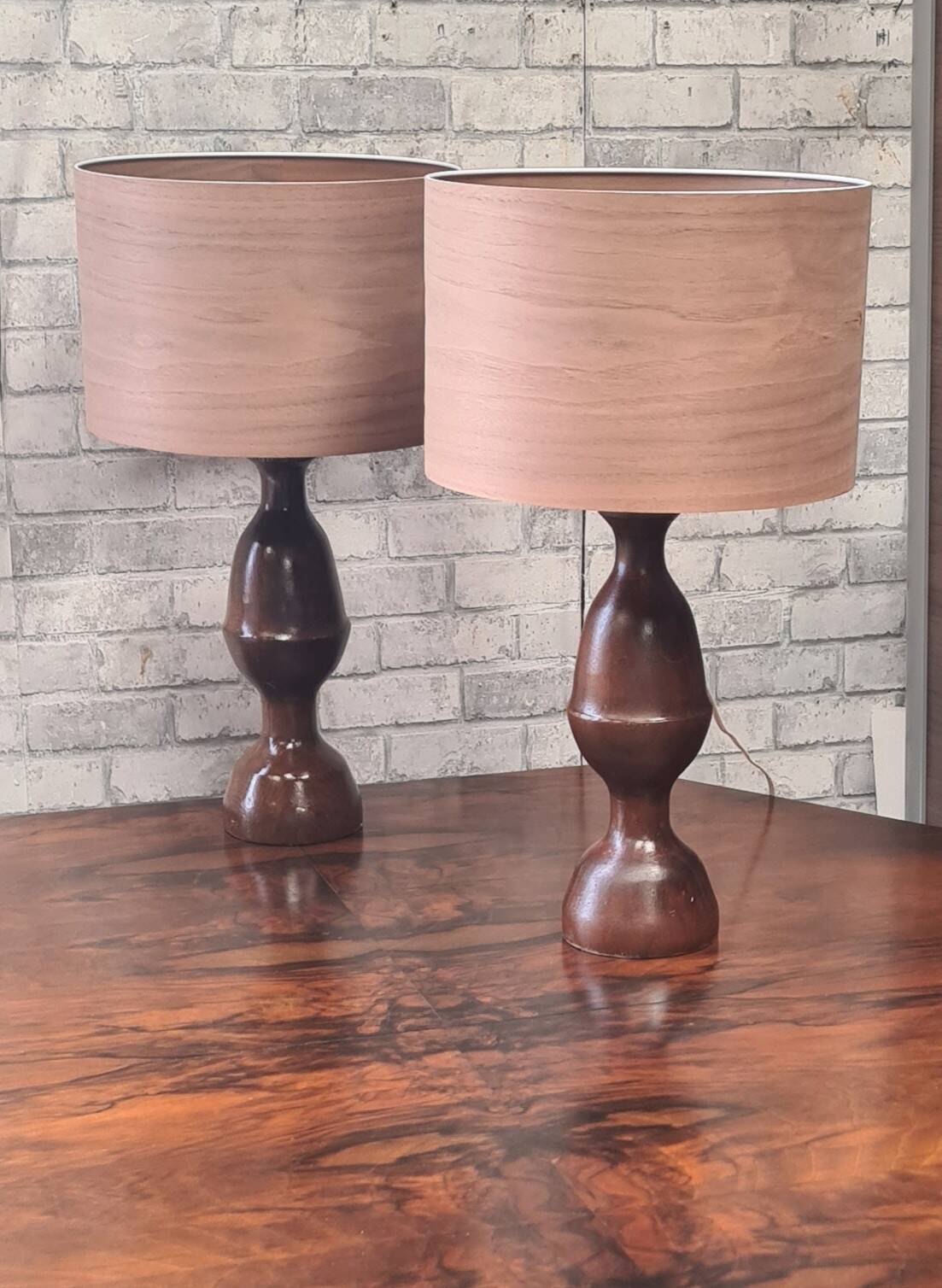 pair of 1960s Scandinavian lamps in solid varnished wood and veneered lampshades