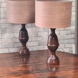 pair of 1960s Scandinavian lamps in solid varnished wood and veneered lampshades