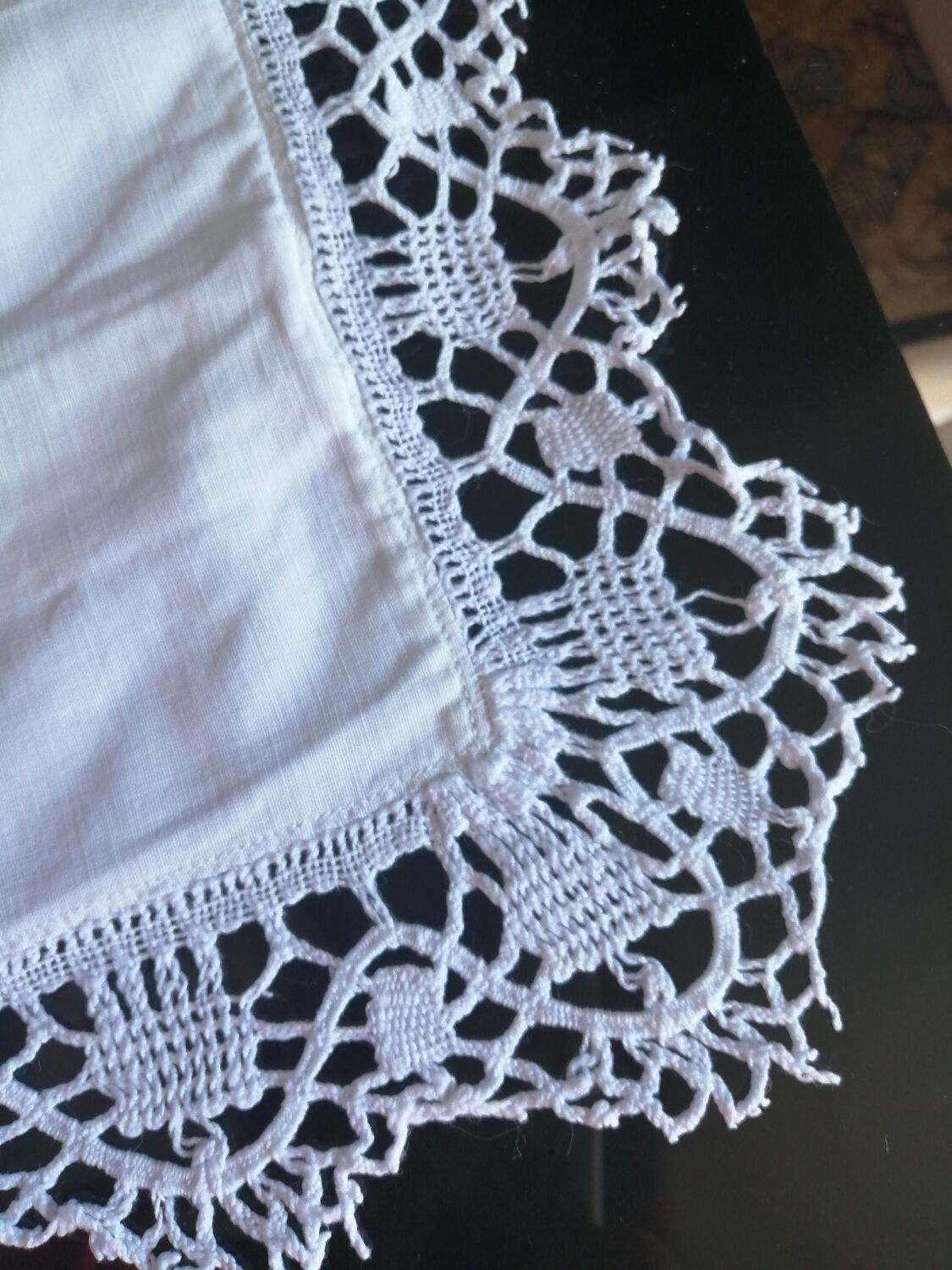 Old linen pillowcase, crocheted steering wheel