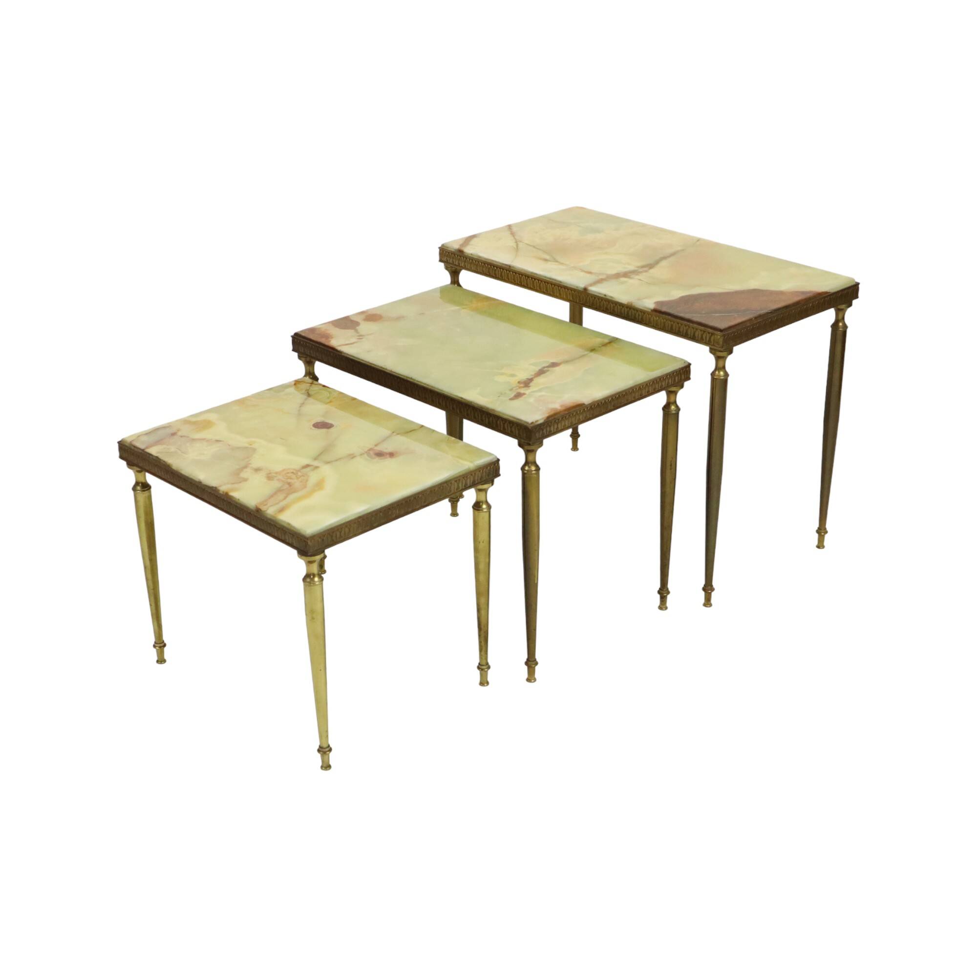 Set of 3 Nesting Tables Onyx Marble Copper Frame 1950s France