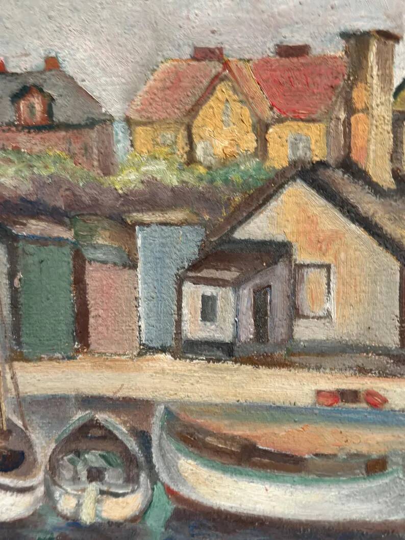 Original Swedish Oil on Panel – “Village and Harbour” by G. Fogler – Signed – Vintage & Framed – 49 × 39 cm (19.2" × 15.3")