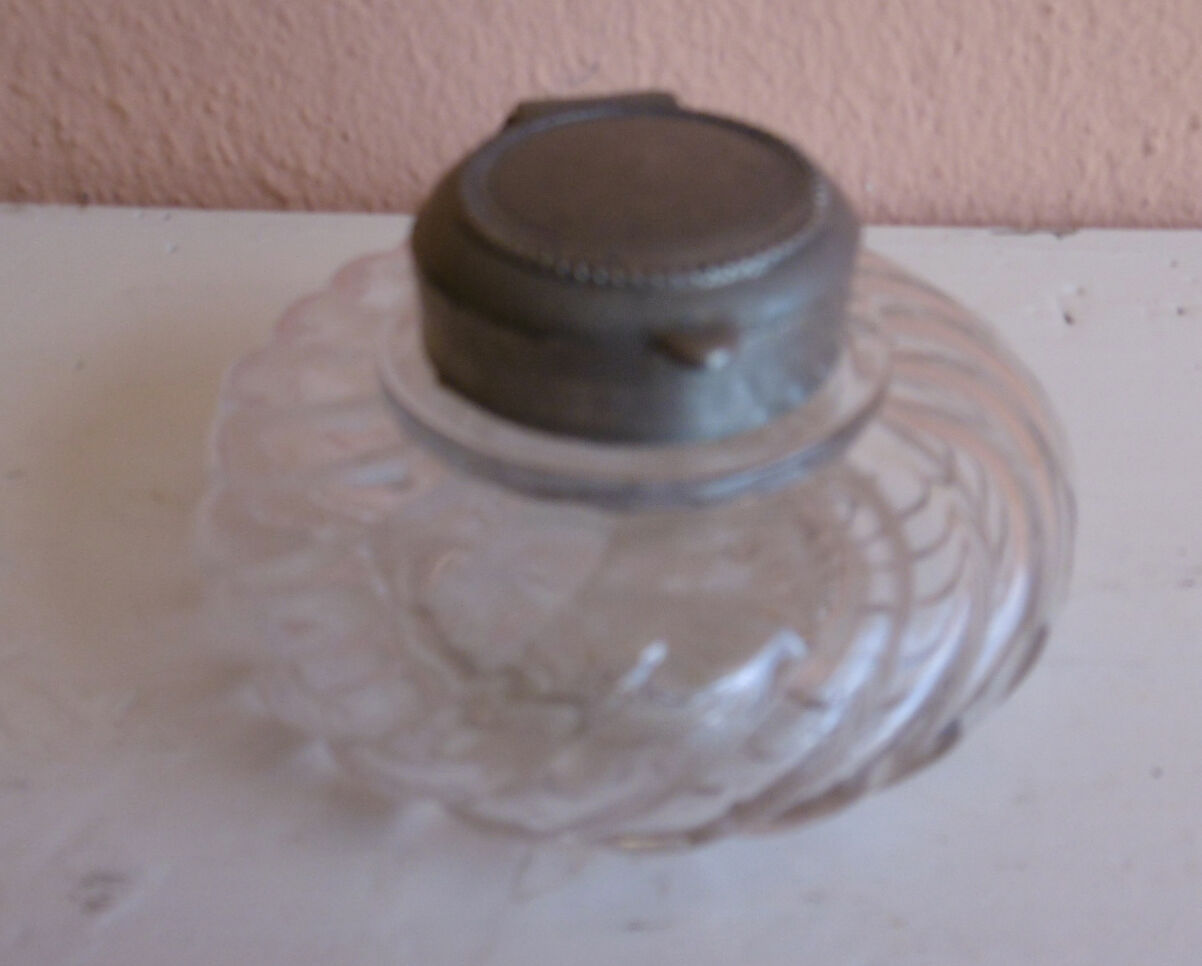 Old spiral glass inkwell with metal cabochon early XXth century