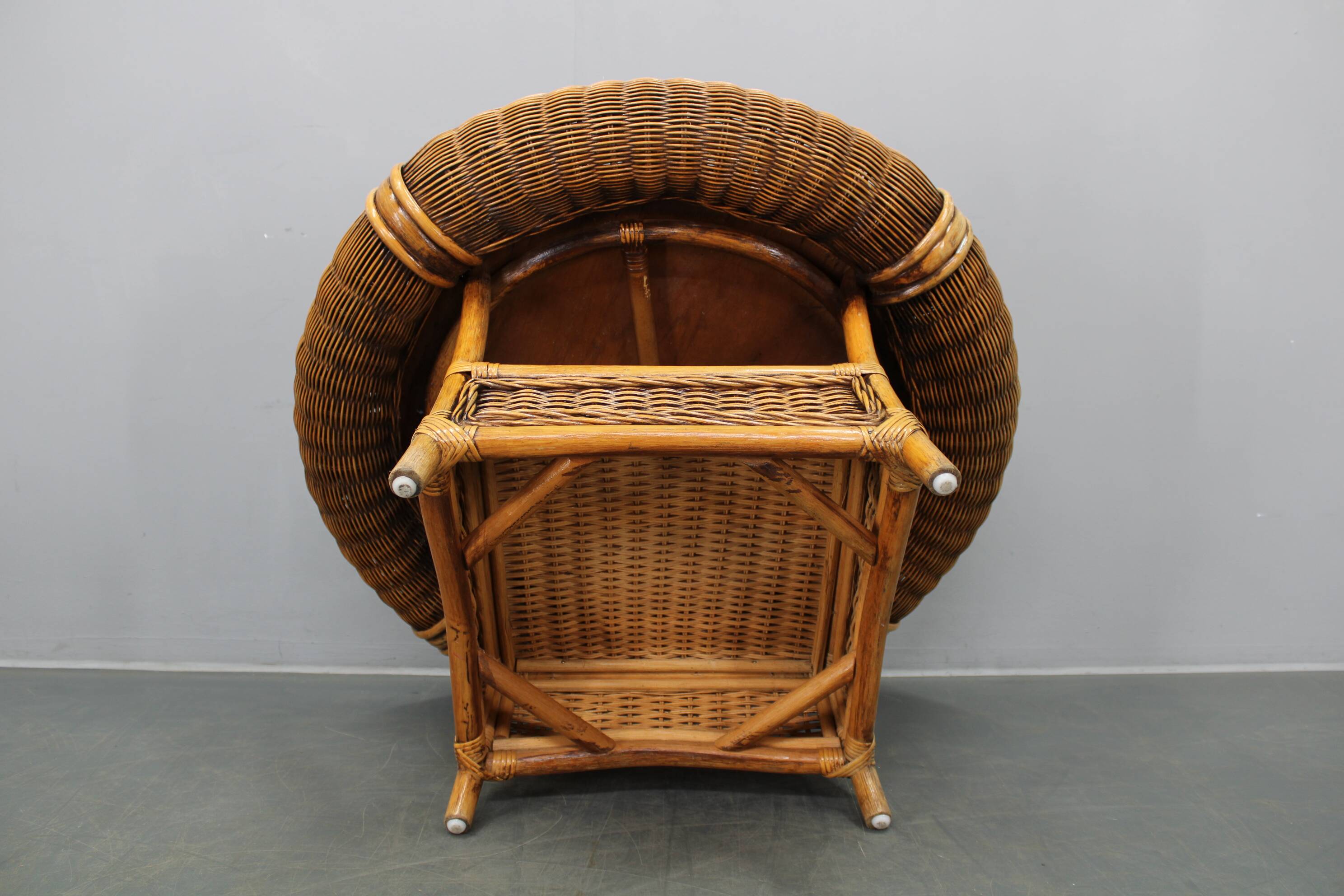 Vintage organic rattan armchair and round coffee table set, 1980s-1990s