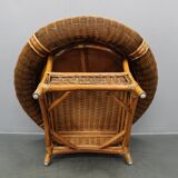 Vintage organic rattan armchair and round coffee table set, 1980s-1990s