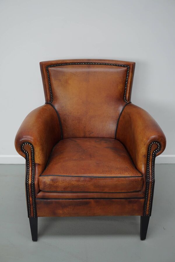 Fauteuil club vintage hollandais en cuir couleur cognac