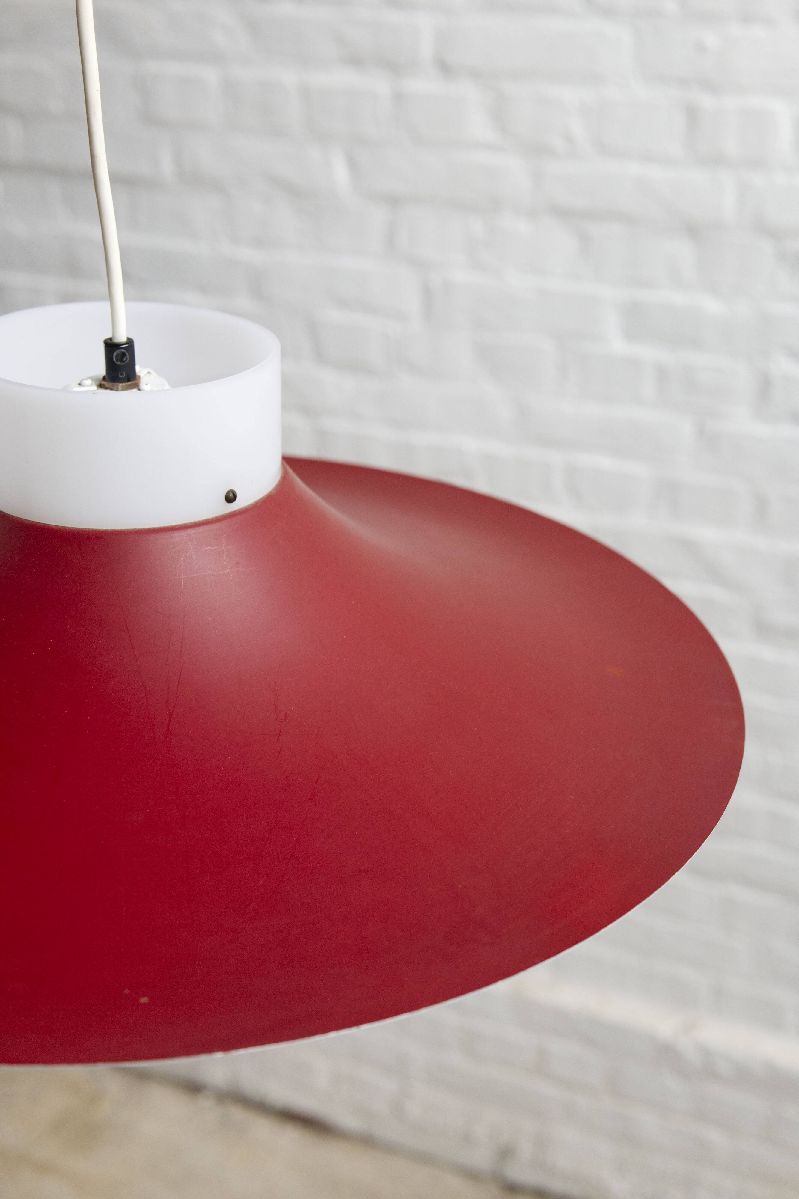 Danish red metal and opal plastic pendant lamp, 1960s