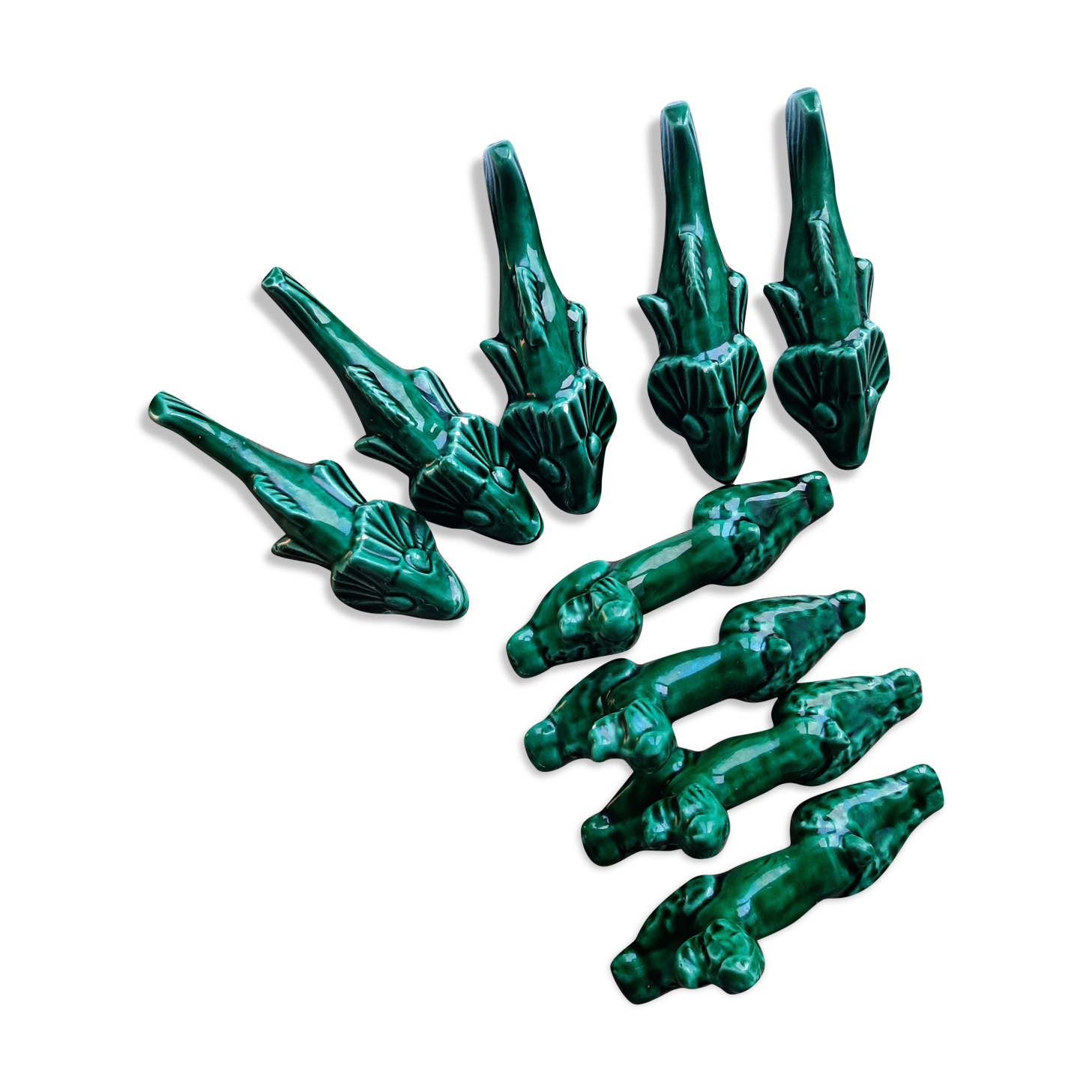 Vintage faience knife holder fish and dogs