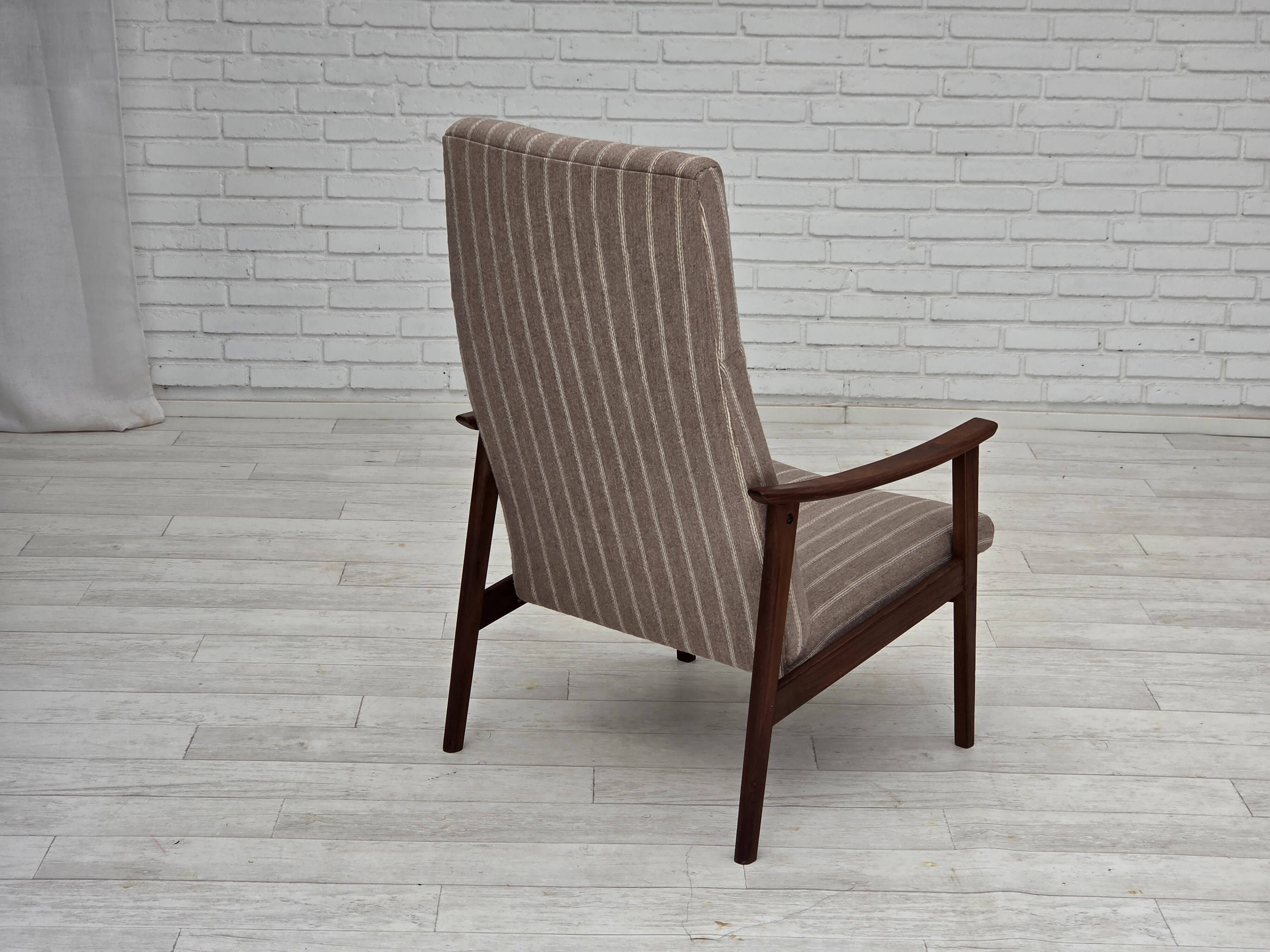 1970s, Danish highback armchair, furniture wool, teak wood, original.