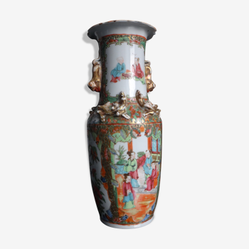 Vase porcelaine Chinois chien de fo 26cm Chine famille rose Canton XIX