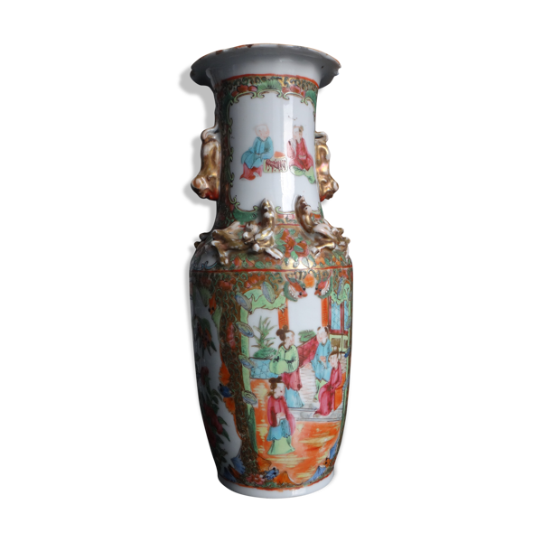 Vase porcelaine Chinois chien de fo 26cm Chine famille rose Canton XIX