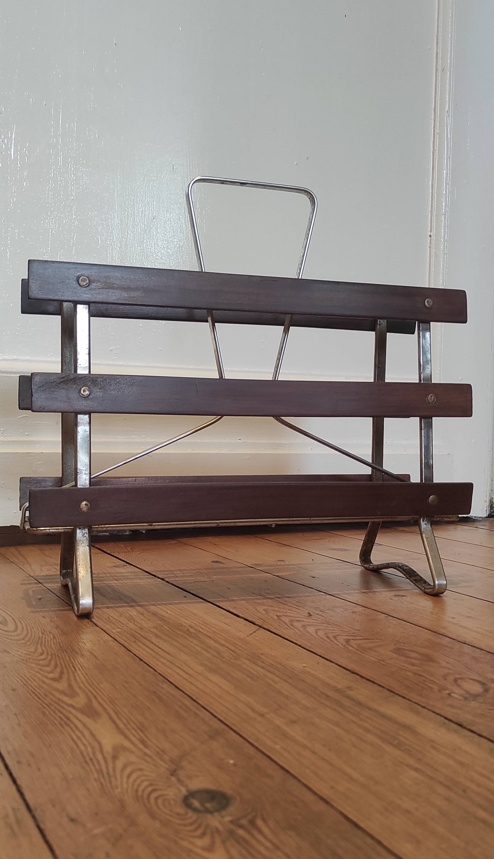 porte-revue bois & aluminium, années 70