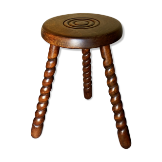 Tabouret tripode vintage en bois massif pieds torsadés