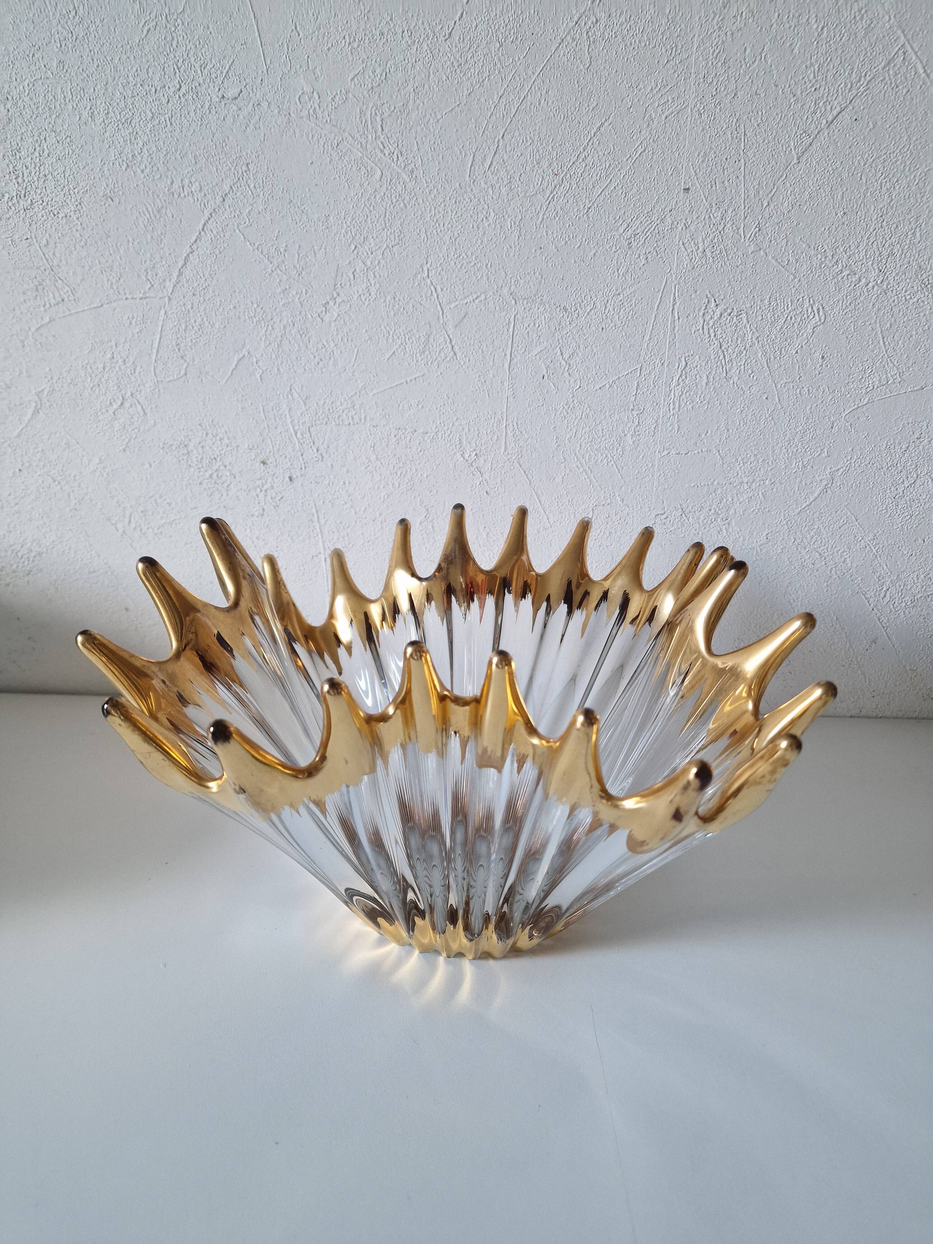 Large vintage crystal bowl from BAYEL with golden tips.