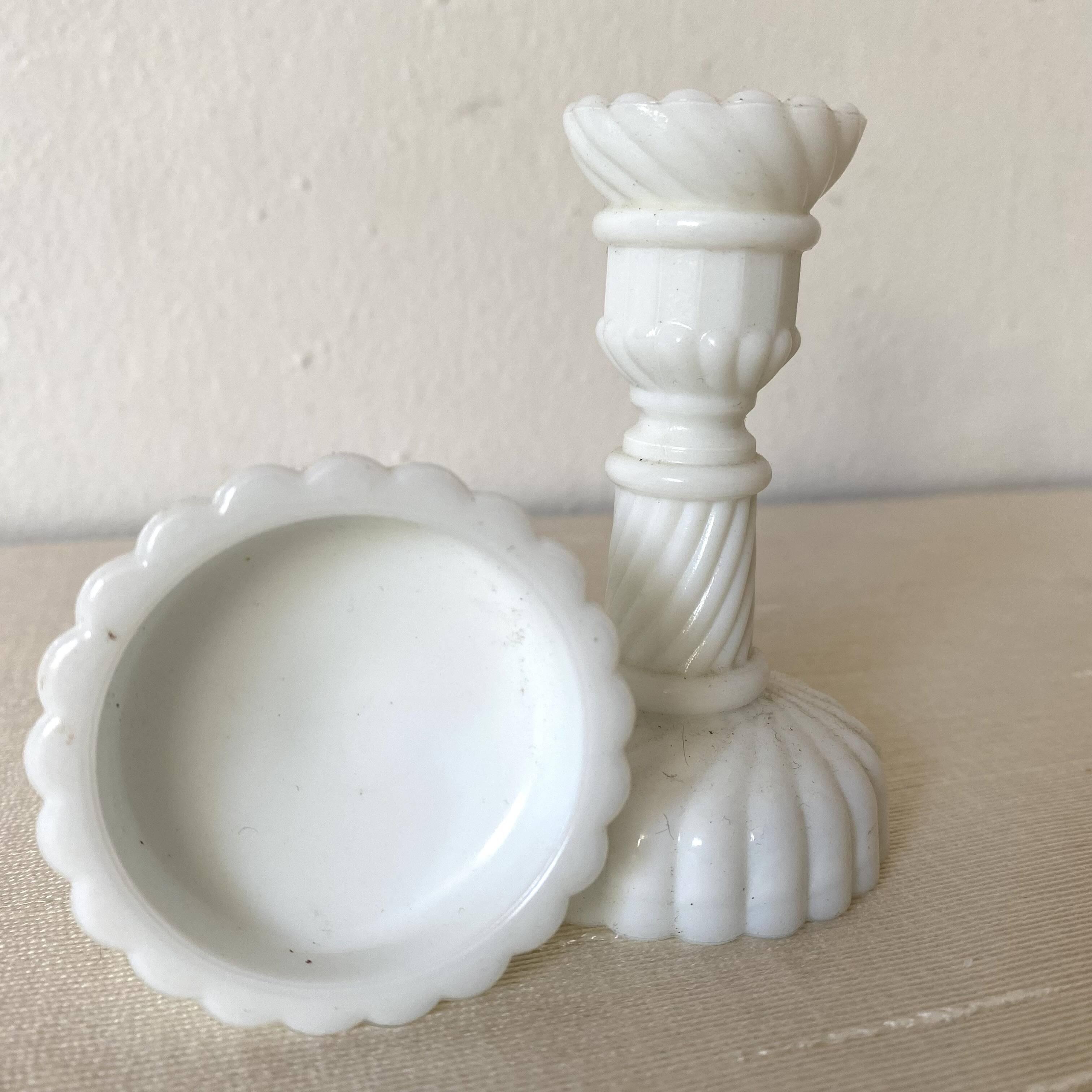 Pair of small white opaline candlesticks