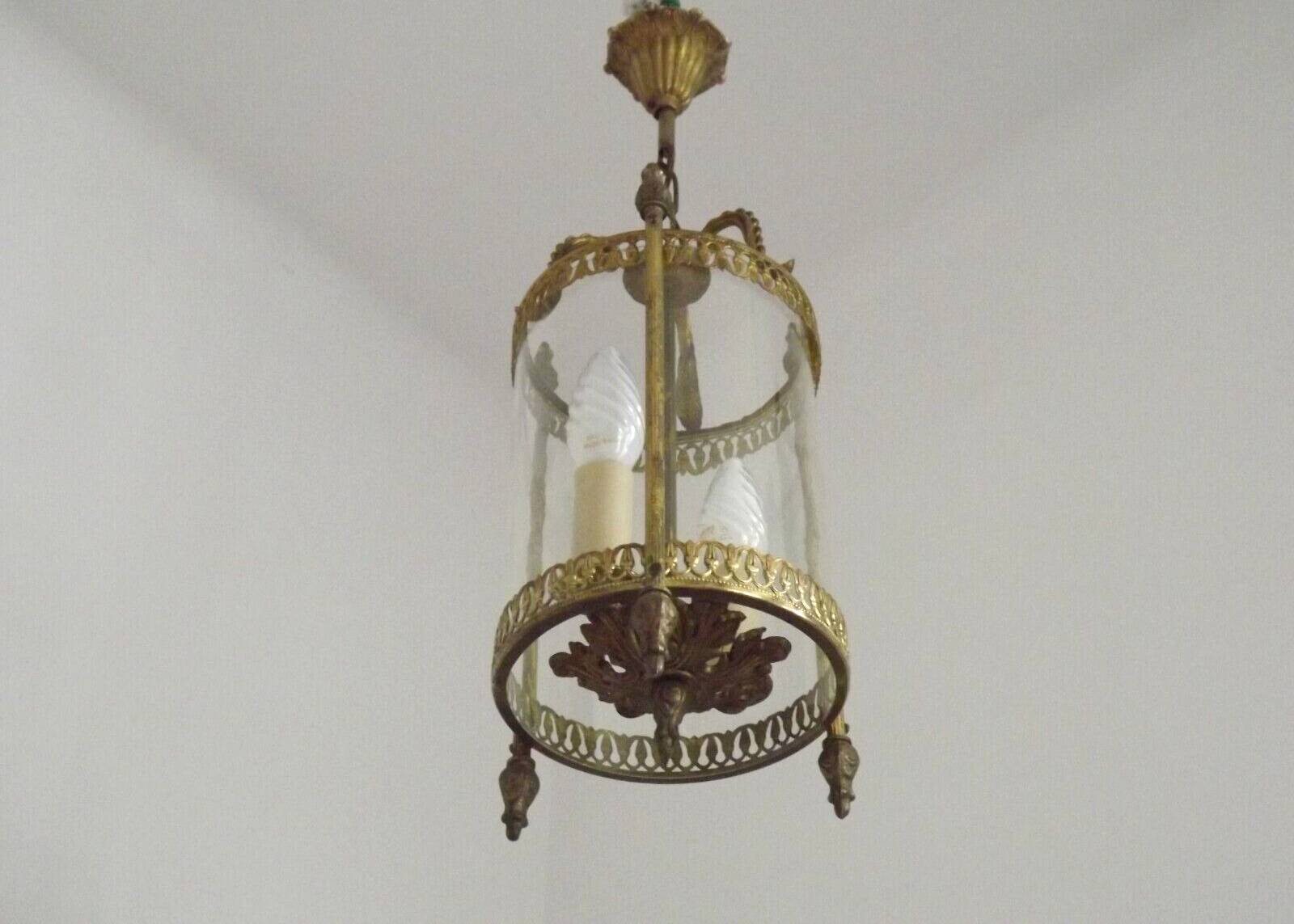 Vintage French Round Gold Metal and Brass 2 Light Lantern Ceiling Light 4724