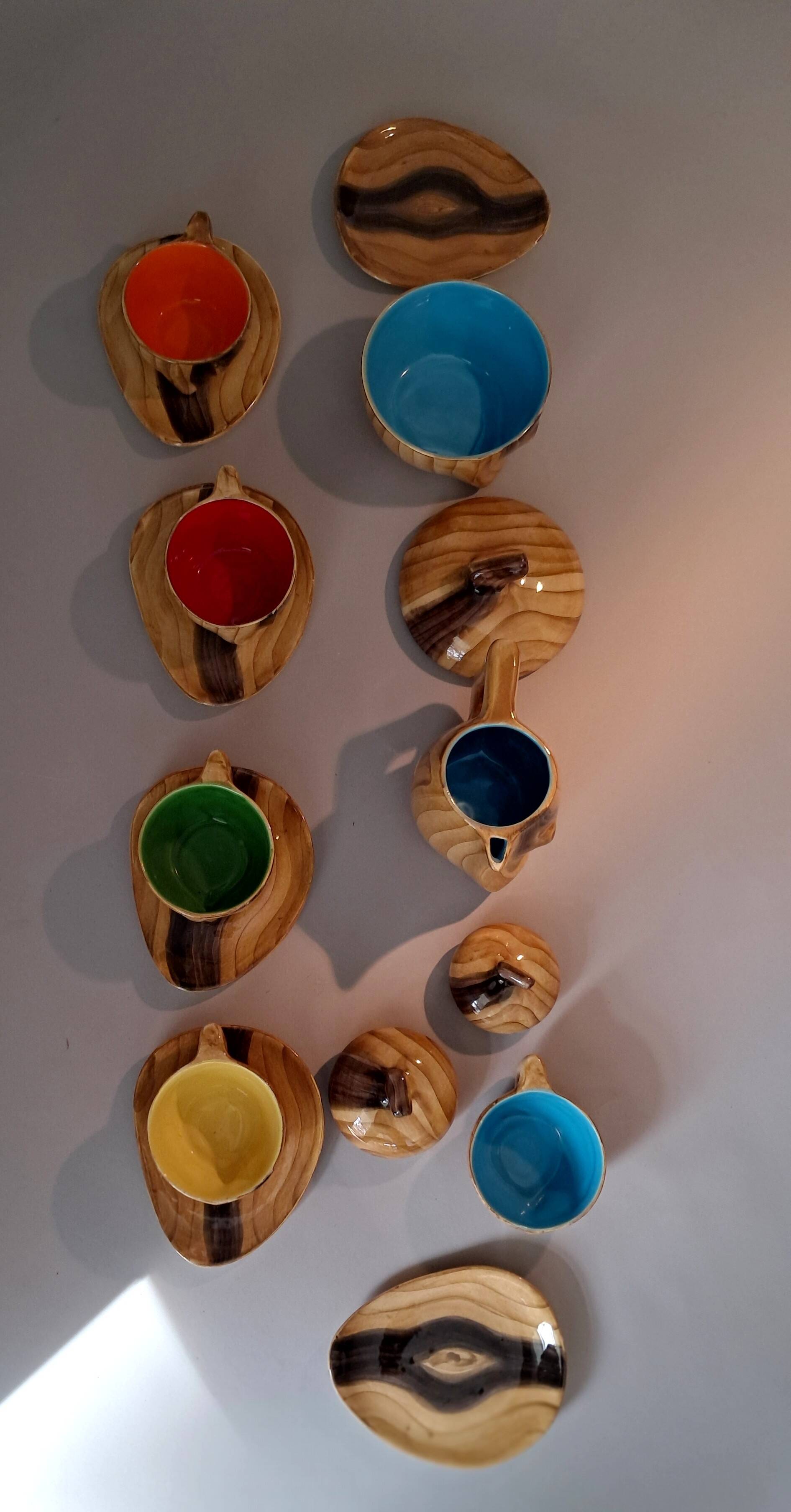 13-piece coffee service in faux wood Granjean Vallauris 1960.