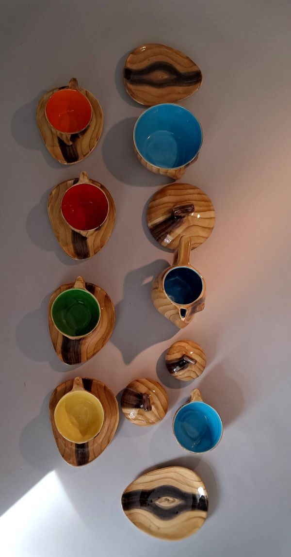 Service à café 13 pièces en faux bois Granjean Vallauris 1960.