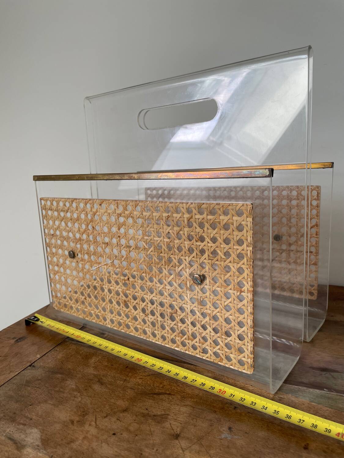 Magazine rack in plexiglass, brass and cane, 1970
