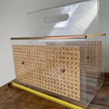 Magazine rack in plexiglass, brass and cane, 1970
