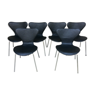 6 chairs Arne Jacobsen 3107 Fritz Hansen series 7 black faux leather covers