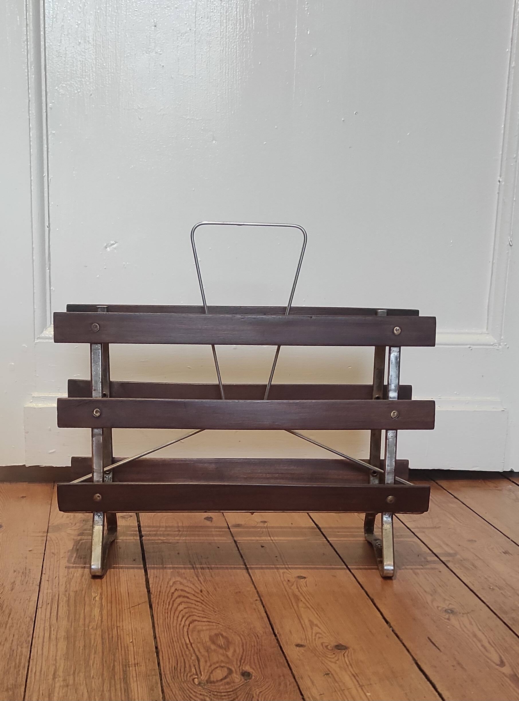 porte-revue bois & aluminium, années 70