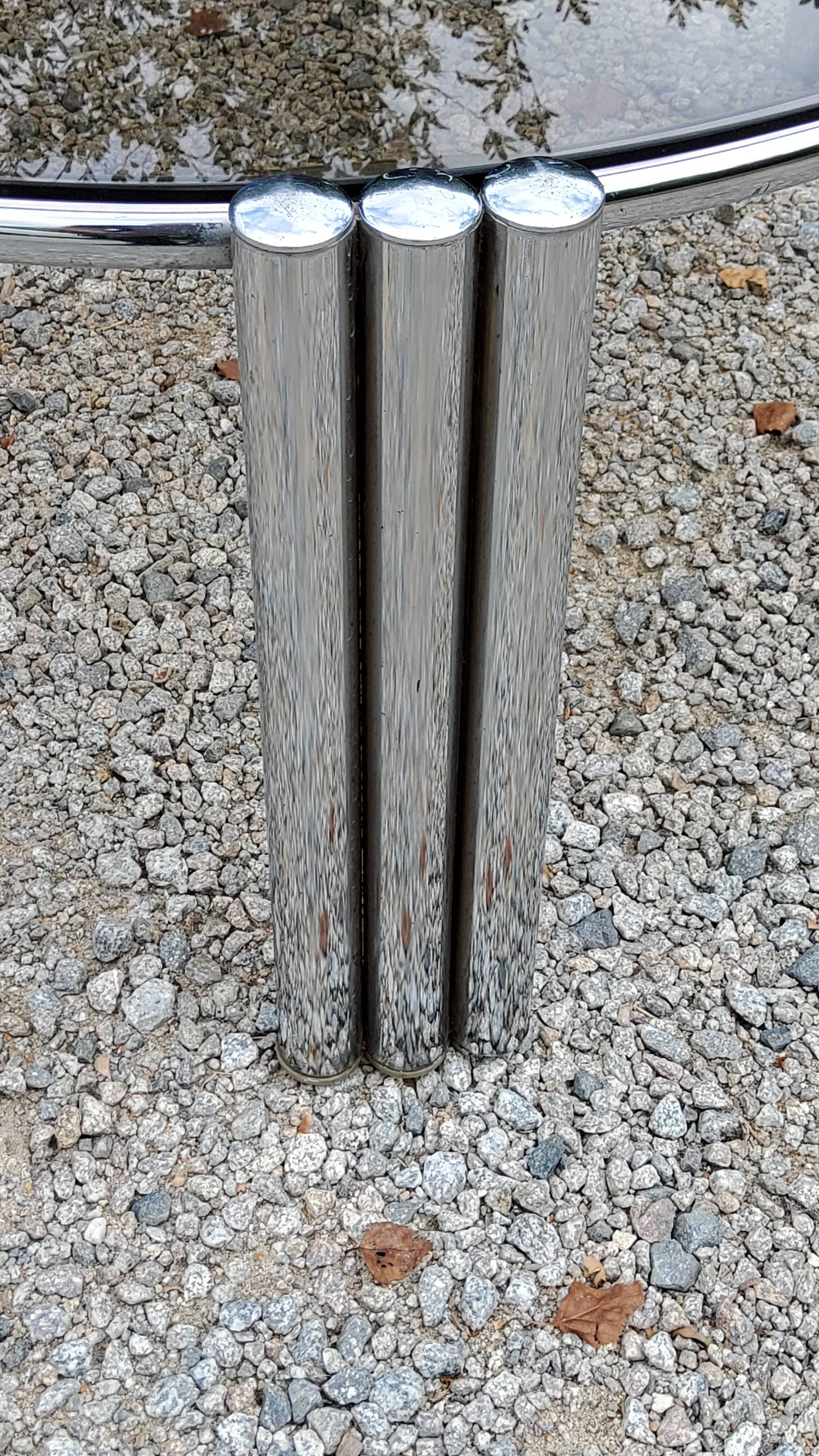 Coffee table design of the 70s smoked glass base chrome Diameter 84cm