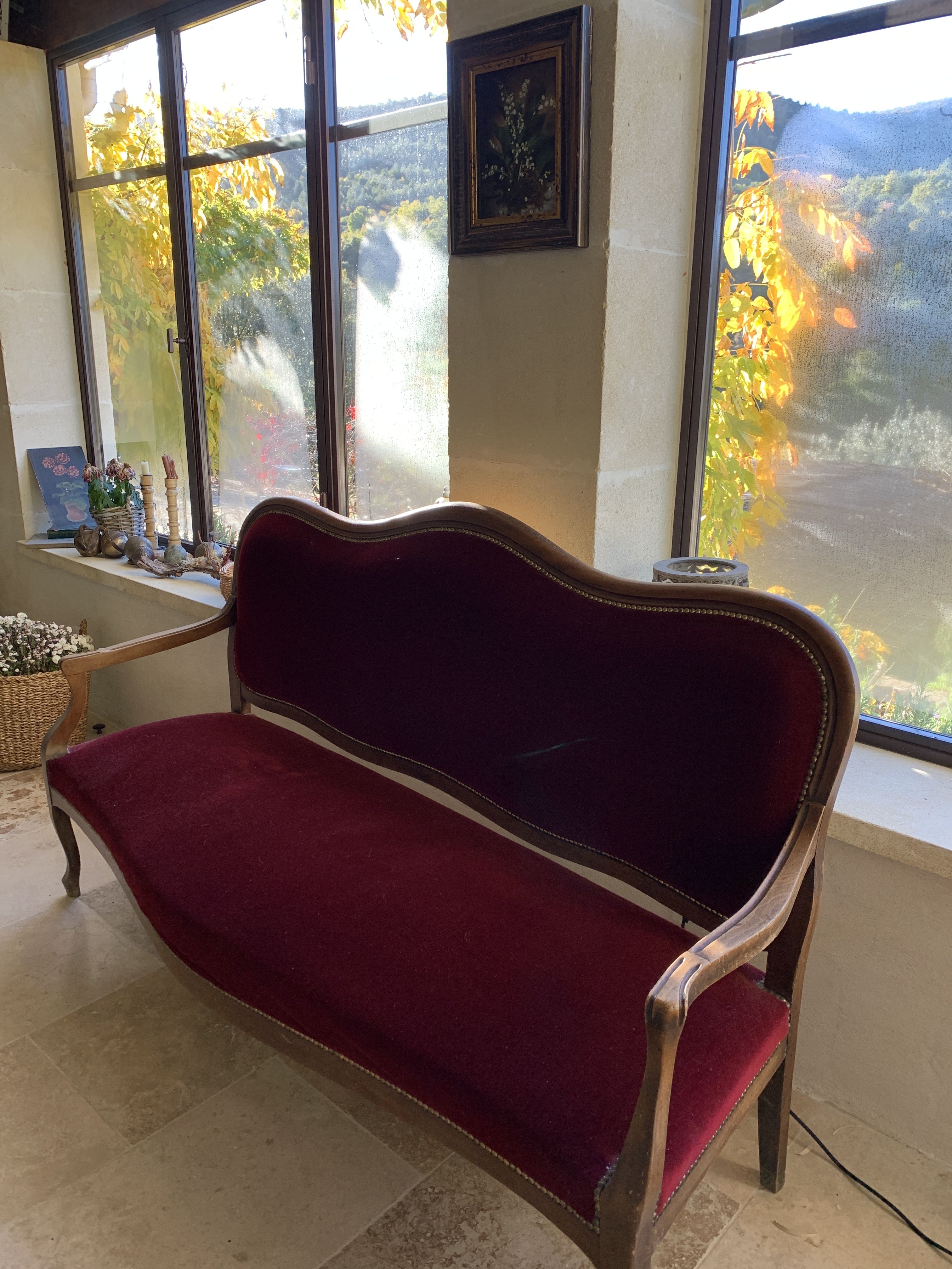 Red sofa bordeaux upholstered velvet