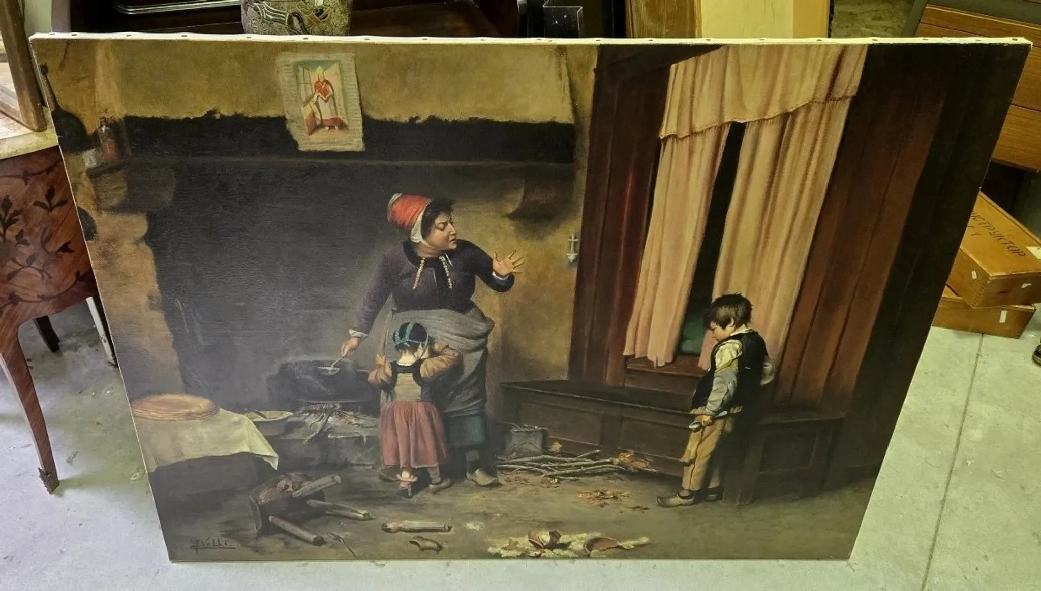 Very large oil on canvas – “La Remontrance” – Signed Valli - 20th century