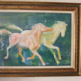 Framed painting representing horses, signed, XX th