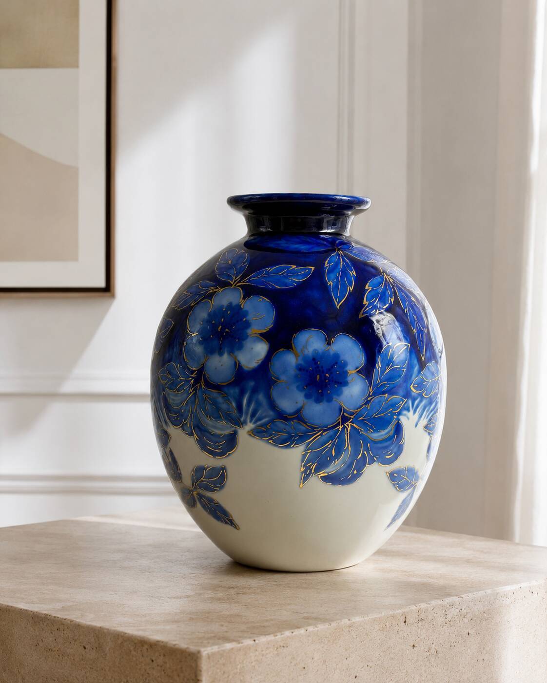 Large Tharaud Limoges vase in cobalt blue porcelain with floral decoration.