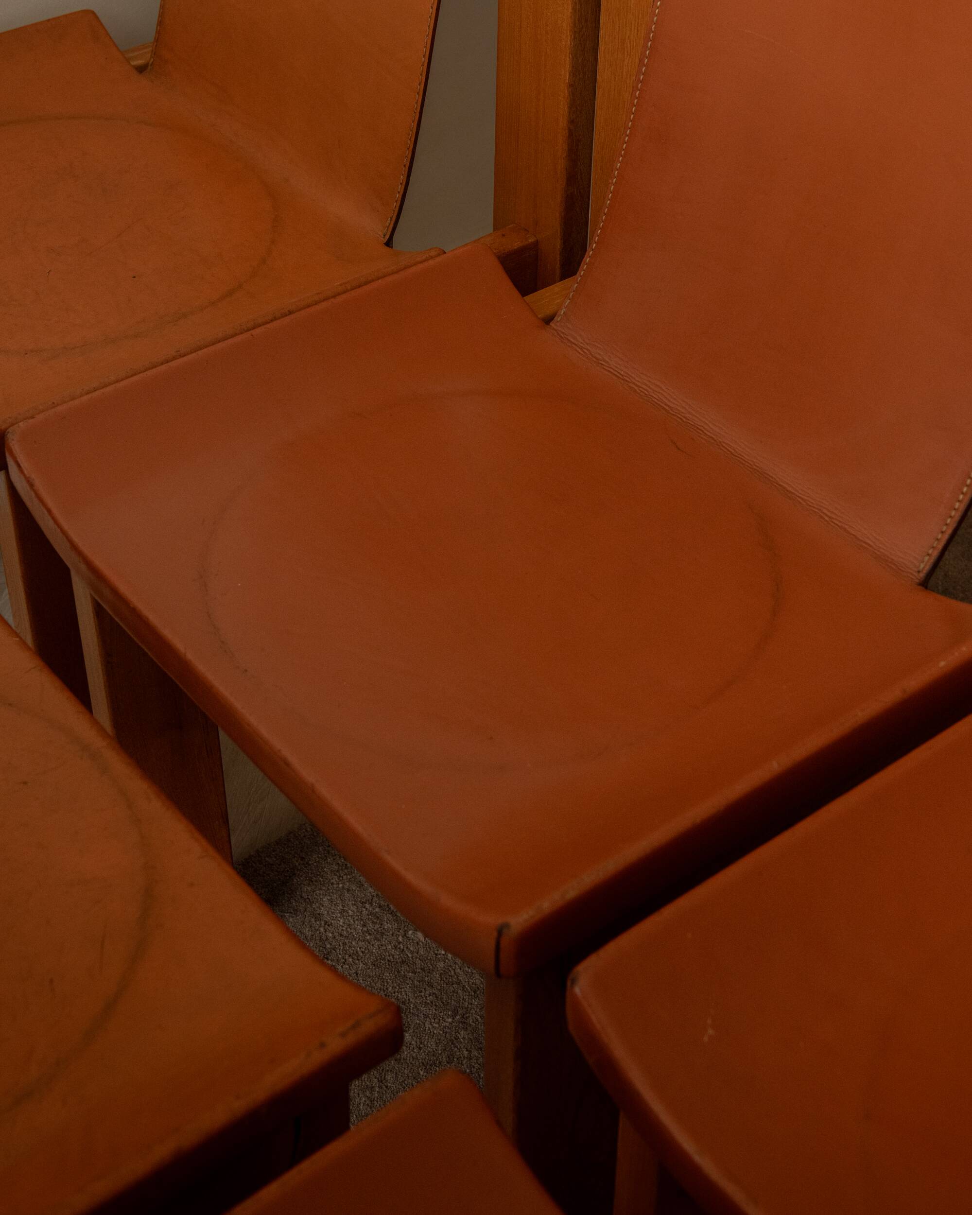 Wood Leather Dining Chairs Luigi Gorgoni Roche Bobois, 1970s, Set of 7