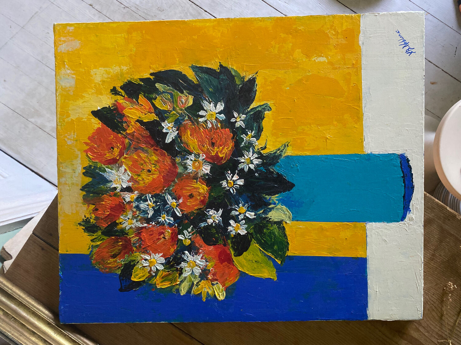 Painting colorful bouquet of flowers signed modernist canvas