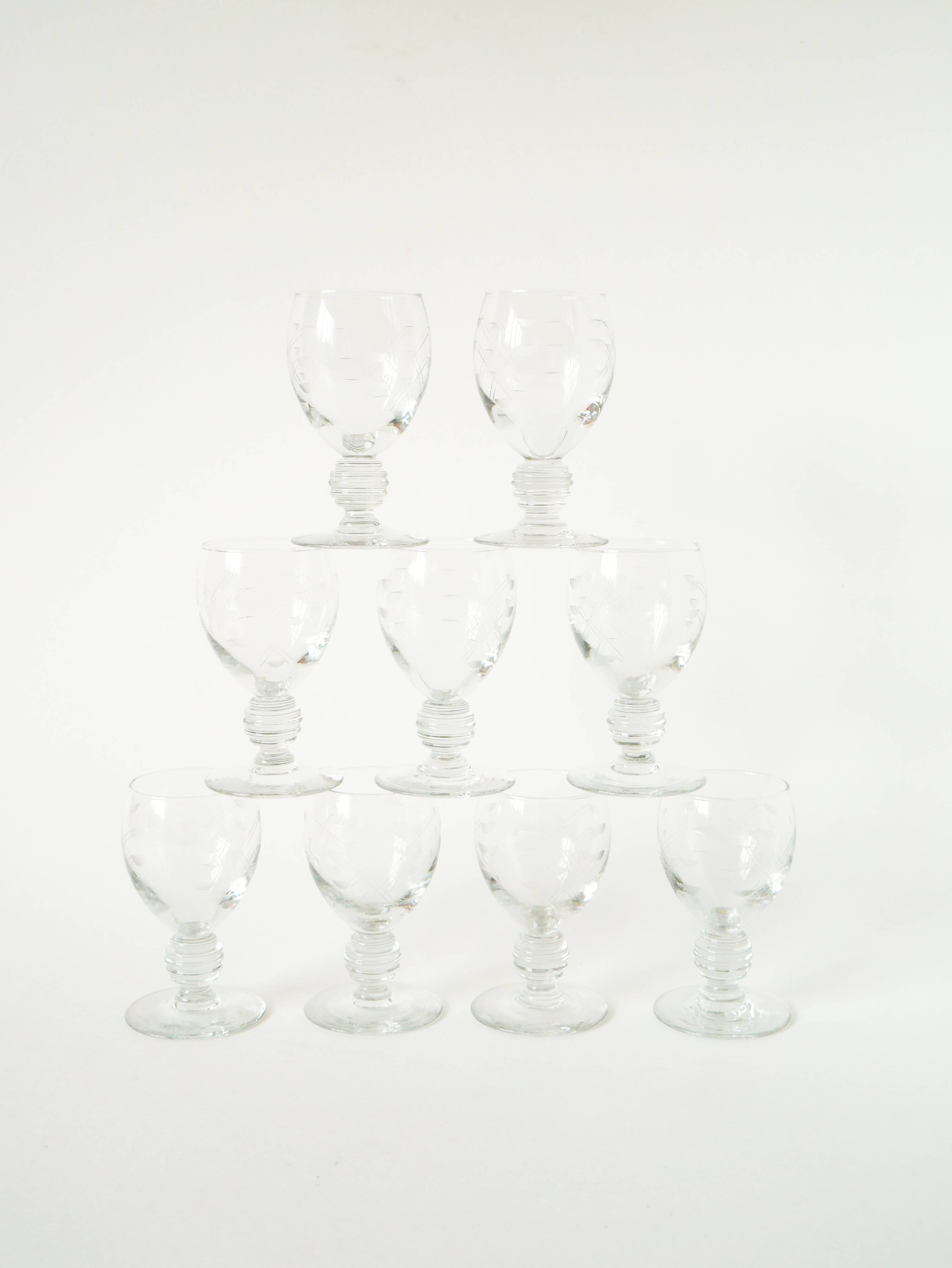 Set of 9 liqueur glasses with engraved crystal stems, Art Nouveau 1910