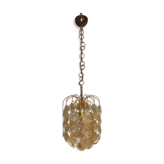 Chandelier with brass-ringed mother-of-pearl tassels